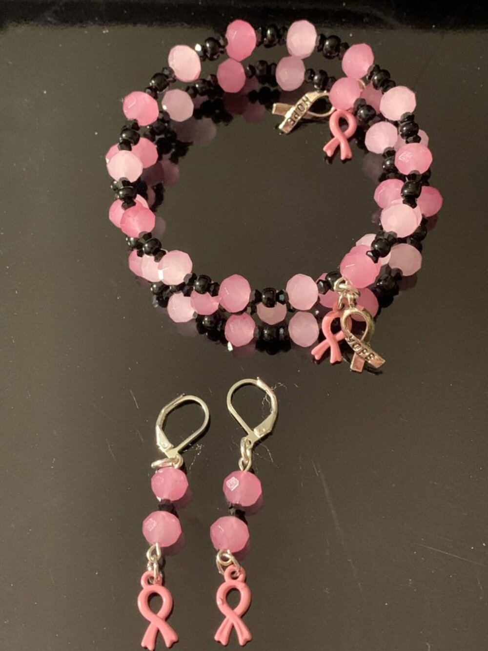 Handmade Breast Cancer Awareness 'Warrior Queen' coil bracelet and earrings set